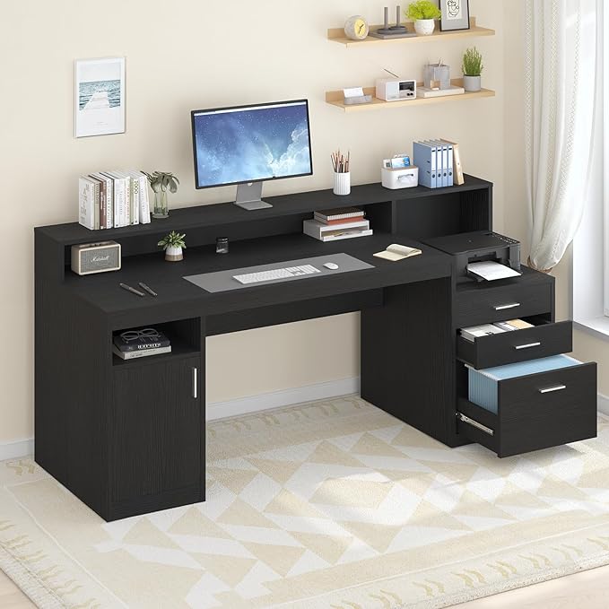 Computer Desk with 3 Drawer & Storage Shelves, Home Office Desk with File Drawer & Cabinet, Writing Study Table with Long Monitor Stand & Printer Shelf, Executive Desk, Black