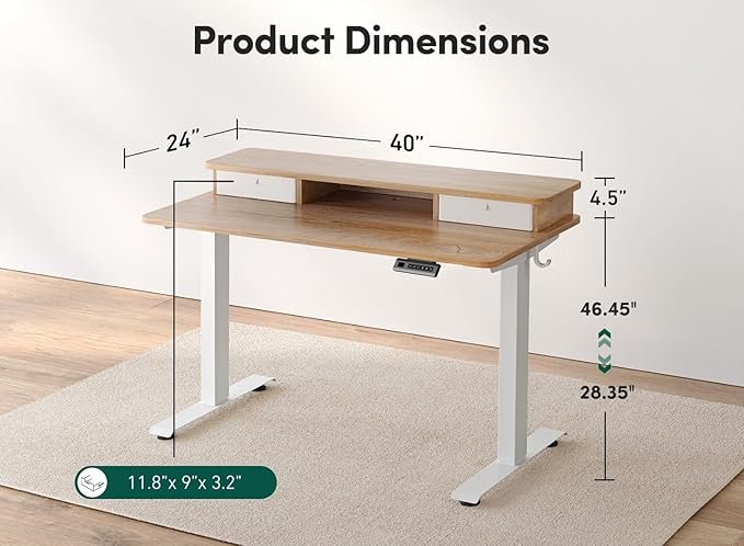 FEZIBO 40 x 24 Inch Height Adjustable Electric Standing Desk with Double Drawer, Computer Desk, Home Office Stand Up Table with 4 Height-Adjustable Feets & 2 Hooks, Maple