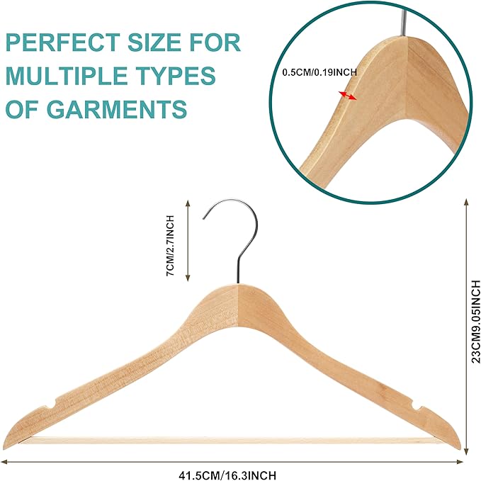 Quality Hangers 16.5" Wooden Hangers Multi Pack, Ultra Thin Space Saving Natural, 360 Degree Swivel Hook, Best for Shirts, Blouses, Pant, Suit, Coat, Dress Hangers Natural (20, Natural, With Pant Bar)
