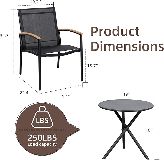 Shintenchi 3 Pieces Patio Bistro Sets, Outdoor Textilene Fabric Conversation Bistro Set, Textilene Fabric Front Porch Chairs Small Patio Furniture Set with Table for Lawn,Garden,Balcony (Black)