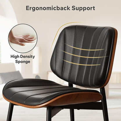 Dining Chairs Set of 2, Mid Century Modern Dining Room Chair, Upholstered Faux Leather Kitchen Chairs with Walnut Bentwood Back and Metal Legs for Kitchen Dining Room Living Room, Black