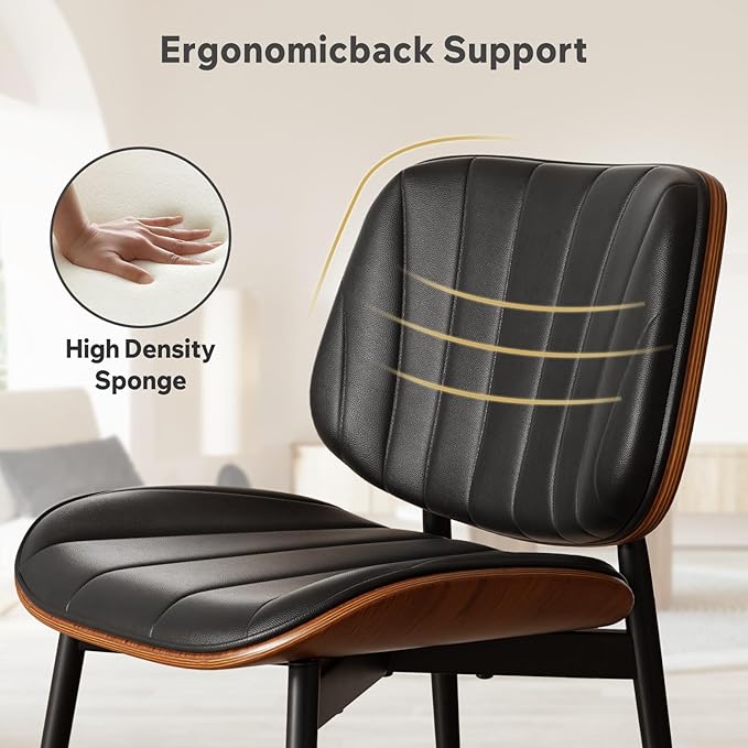 Dining Chairs Set of 6, Mid Century Modern Dining Room Chairs, Upholstered Faux Leather Kitchen Chair with Walnut Bentwood Back and Metal Legs for Kitchen Living Room, Black