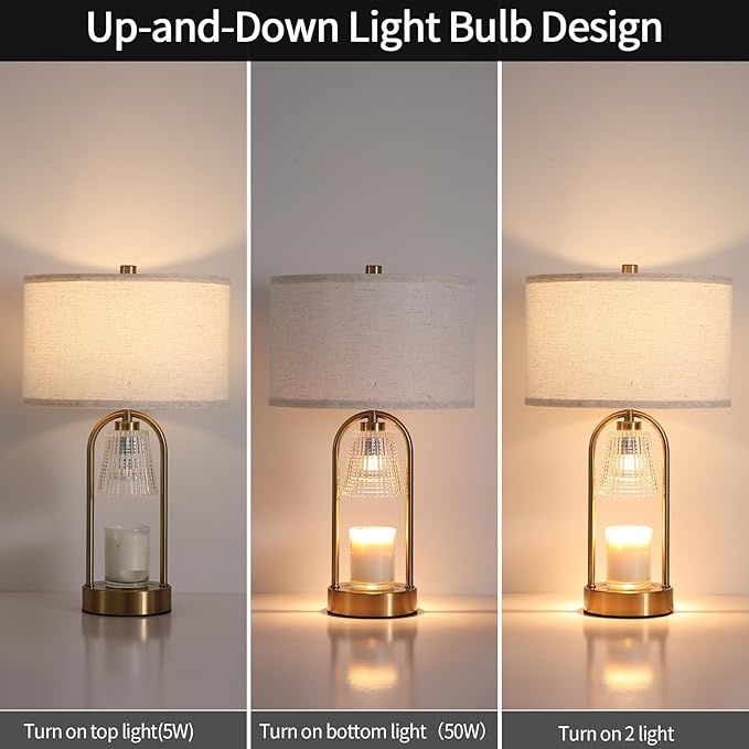 Plug in Gold Candle Warmer Lamp with Timer Dimmable, Wax Melts Candle Warmer with Beige Fabric Shade Lamp, Gold Table Lamp for Bedroom,Mothers, Gifts,Scented Jar, Include 3 Bulb