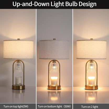 Plug in Gold Candle Warmer Lamp with Timer Dimmable, Wax Melts Candle Warmer with Beige Fabric Shade Lamp, Gold Table Lamp for Bedroom,Mothers, Gifts,Scented Jar, Include 3 Bulb