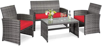 Tangkula 4 PCS Wicker Patio Conversation Set, Outdoor Rattan Sofas with Table Set, Patio Furniture Set with Soft Cushions & Tempered Glass Coffee Table for Poolside Balcony