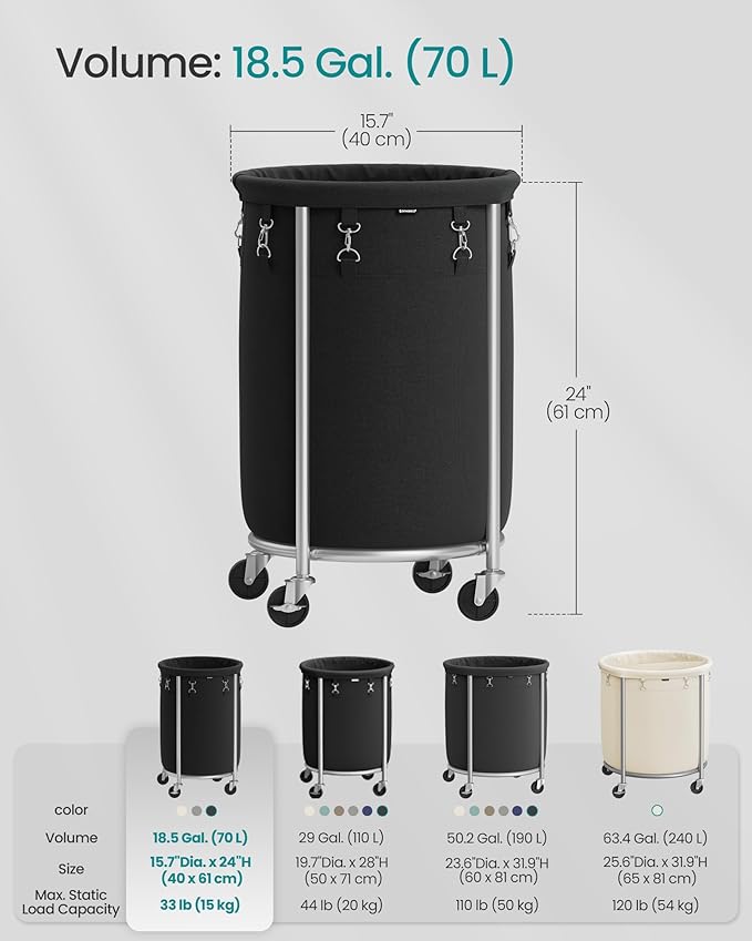 SONGMICS 18.5-Gallon (70 L) Laundry Basket with Wheels, Rolling Round Heavy-Duty Laundry Hamper Cart with Steel Frame and Removable Bag, 2 Locking Wheels, Ink Black and Metallic Silver URLS006B01