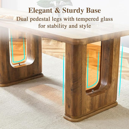 Dining Room Table for 6 - Wooden Dining Table with 1.7-Inch Thick Seamless Tabletop and Dual Pedestal Base,64.5'' Farmhouse Dining Table Ideal for Kitchen,Home Office(Easy to Assemble)