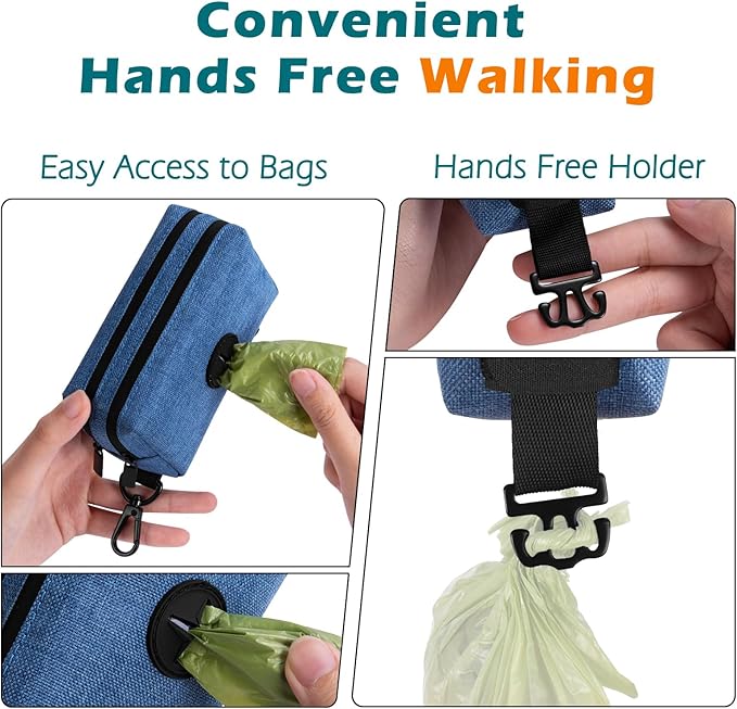PetBonus Dog Poop Bag Holder, Portable Pet Waste Bag Dispenser, 2 Pouches for Treats and Walking Accessories, Fit All Leashes, Includes 1 Roll of Dog Poop Bags (Blue)