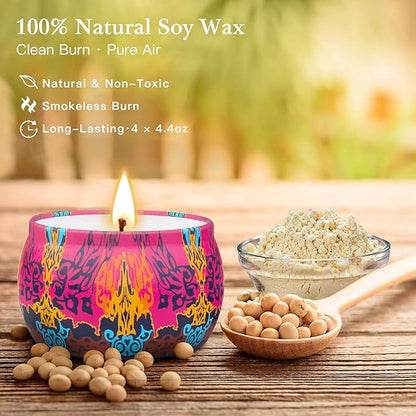 Holiday Candle Gift Set, 4 Pack Long Lasting Classic Bohemian Scented Soy Wax Candles with Fig, Lemon, Spring & Lavender Scents, Aromatherapy Candles for Home, Christmas Gifts for Everyone
