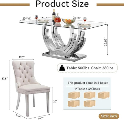 7 Piece Dining Table Set with 6 Beige Dining Chairs, Modern Glass Kitchen Table and Chairs Set for 6, 70" Rectangle Silver Glass Pedestal Dining Room Tables with Ring-Shape Stainless Steel Base