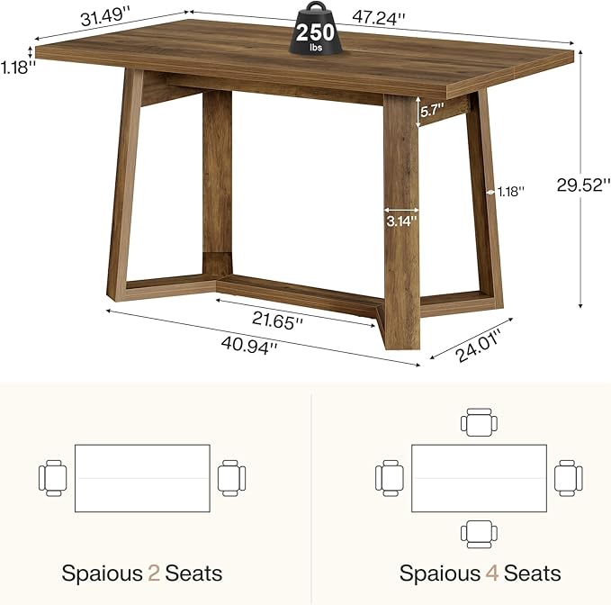 Tribesigns Rectangle Dining Table for 4, 47-Inch Wooden Kitchen Table, Farmhouse Dinning Room Dinner Table for Living Room, Small Spaces, Easy Assembly, Heavy Duty (Rustic Brown)