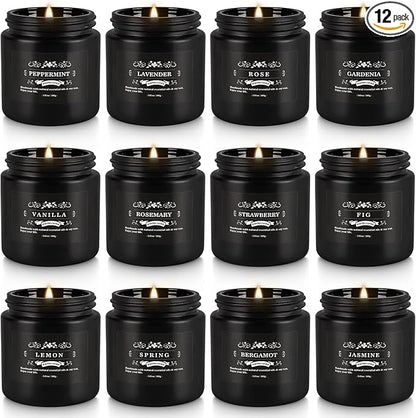 Scented Candle Set 12 Pack,Black, Candle for Home Scented, Odor Eliminating, Stress Relief, Long Lasting Soy Wax Gift Set