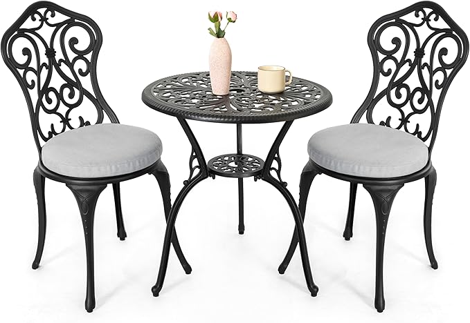 NUU GARDEN Patio 3-Piece Bistro Set with Olefin Cushions, Patio Chairs and Outdoor Round Table with Umbrella Hole, Cast Aluminum Patio Set for Lawn, Garden, Porch, Poolside, Black
