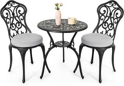 NUU GARDEN Patio 3-Piece Bistro Set with Olefin Cushions, Patio Chairs and Outdoor Round Table with Umbrella Hole, Cast Aluminum Patio Set for Lawn, Garden, Porch, Poolside, Black