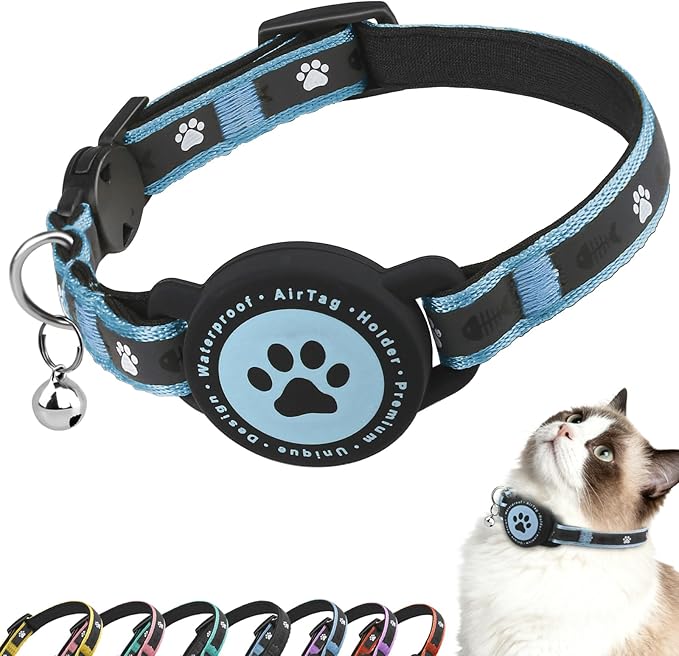 Airtag Cat Collar Breakaway, Reflective Cat Collar with AirTag Holder and Bell, Compatible with Apple Air Tag, Comfortable Padding, Adjustable, Durable (Blue, XS)