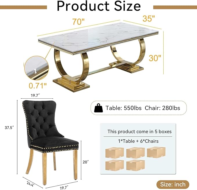 7 Piece Marble Dining Table Set for 6, Luxury White Marble Gold Kitchen Table with 6 Grey Velvet Upholstered Chairs, Modern 6 Person Dining Room Table Set for Kicken Dining Office Room