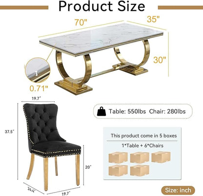 7 Piece Marble Dining Table Set for 6, Luxury White Marble Gold Kitchen Table with 6 Grey Velvet Upholstered Chairs, Modern 6 Person Dining Room Table Set for Kicken Dining Office Room