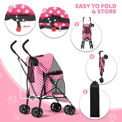 Magshion Compact Pet Stroller for Small-Medium Dogs/Cats up to 22lbs, 4-Wheel Lightweight Umbrella Shaped Portable Puppy Travel Jogger with Breathable Mesh, Cup Holder & Rear Storage, Pink Polka Dots
