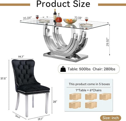 7 Piece Dining Table Set with 6 Black Dining Chairs, Modern Glass Kitchen Table and Chairs Set for 6, 70" Rectangle Silver Glass Pedestal Dining Room Tables with Ring-Shape Stainless Steel Base
