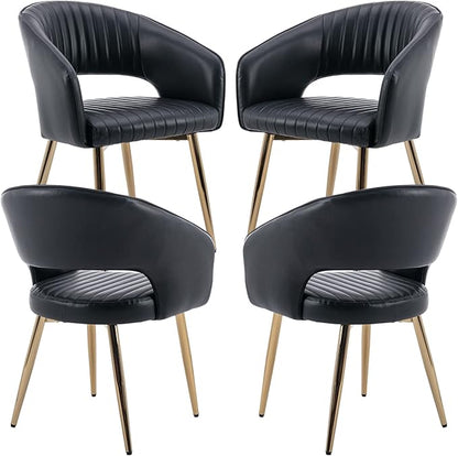 Modern Dining Chairs Set of 4, Upholstered PU Leather Gold Dining Room Chairs with Hollow Back, Accent Armrest Kitchen Chairs with Gold Legs for Living Room Black