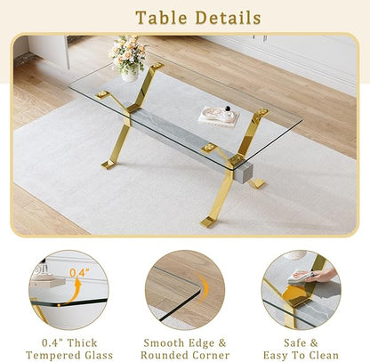 Glass Dining Table 71"｜Modern Dining Table for 6-8｜0.4" Thick Tempered Glass Top｜Chrome Gold Metal Legs｜Grey Crossbar｜Easy Assembly｜Perfect for Dining Room or Kitchen