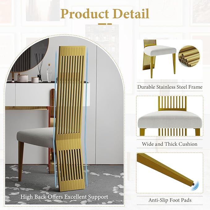 Brushed Gold Dining Chair Set of 8, High Back Kitchen Chairs,Modern Luxury Dining Chairs with Upholstered Padded Seat and Sturdy Metal Legs for Dining Room Kitchen Bedroom