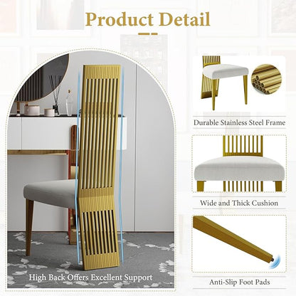 Modern Dining Chairs Set of 6, White Sponge Dining Room Chairs with Brushed Gold Stainless Steel Legs, Upholstered Chairs with High Back and Metal Legs for Living Room/Kitchen/Restaurant
