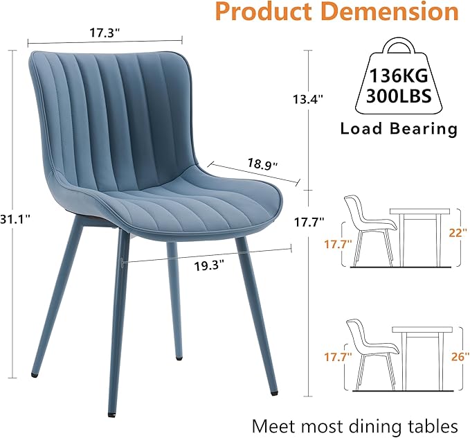 YOUNUOKE Mid-Century Modern Dining Chairs Set of 2, Blue PU Leather Upholstered Kitchen Chairs with Blue Metal Legs, Armless Accent Chair for Dining Room, Guest Reception Room