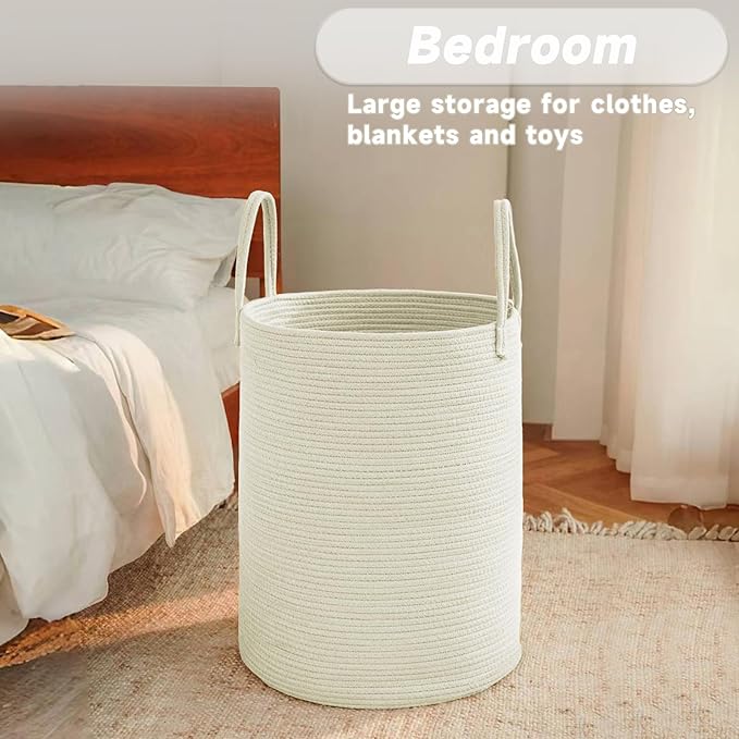 Large Woven Laundry Basket Hamper,100L Cotton Rope Storage Bin for Blankets,Toys and Clothes,Decorative Tall Nursery Hamper for Living Room,Baby Nursery,Bathroom and Bedroom,White