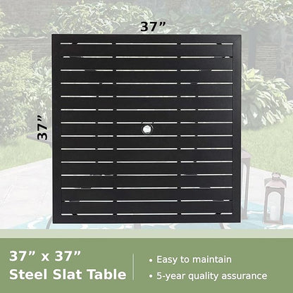 PHI VILLA 37" Metal Steel Slat Patio Dining Table Square Backyard Bistro Table Outdoor Furniture Garden Table, 1.57” Umbrella Hole, Black