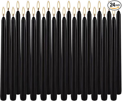 24 Pack Black Taper Candles, 7-8 Hours Burn Time, Unscented, Smokeless and Dripless, 0.75 x 10 Inch Dinner Candle Set for Halloween, Household, Wedding, Party and Home Décor Candlesticks