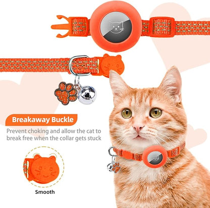 PUPTECK Airtag Cat Collar Breakaway 2 Pack with Bells, Reflective Kitten Collar with Air Tag Holder for Boy Girl Kitty and Puppies, Soft, Orange & Purple