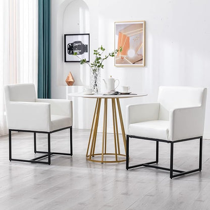 Set of 4 Upholstered Dining Chairs with Armrest, PU Leather Modern Accent Armchairs, Kitchen & Dining Room Chairs Side Chairs, White