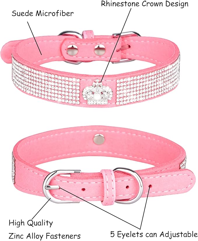 Bling Dog Collar for Small Medium Large Dogs, Crown Rhinestone Dog Collars for Girl and boy Dog, Diamond Puppy Collars, Adjustable Leather Suede SOFE Cat Collar (XS(8.2"-10.6"/21CM-27CM), Pink)