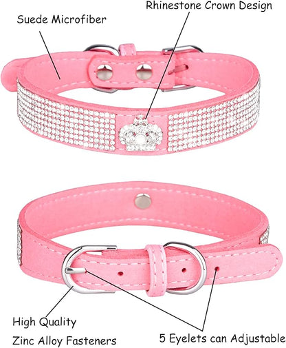 Bling Dog Collar for Small Medium Large Dogs, Crown Rhinestone Dog Collars for Girl and boy Dog, Diamond Puppy Collars, Adjustable Leather Suede SOFE Cat Collar (XS(8.2"-10.6"/21CM-27CM), Pink)