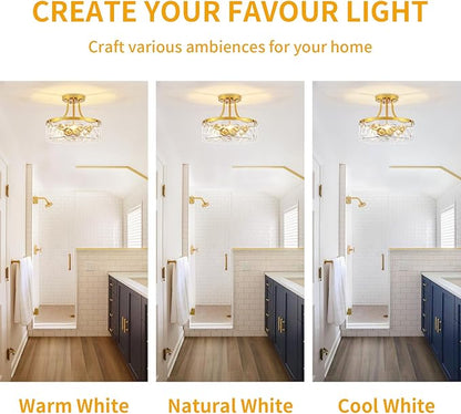 11.81" Modern Gold Semi Flush Mount Ceiling Light, Hammered Glass Hallway Light Fixtures, Entryway Light Fixture, 3-Light Lighting Fixtures for Kitchen Island Dining Room Bedroom Laundry, UL Listed