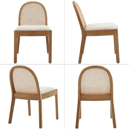 LukeAlon Modern Sherpa Dining Chairs Set of 2, Natural Woven Rattan Cane Back Side Chairs with Solid Wood Legs Mid Century Dinner Chairs for Kitchen Living Room, White