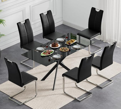 Goujxcy Modern Black Glass Dining Table Set for 6, Glass Kitchen Table and Chairs Set of 6, 7 Piece Dining Table Set with 51" Rectangle Dinner Tables and 6 PU Leather Dining Chairs