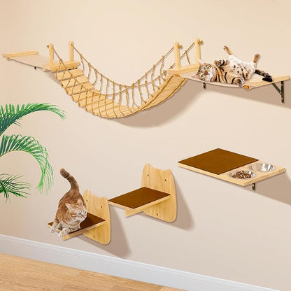Calmbee Cat Wall Shelves, Cat Wall Furniture 70" Cat Bridge Wall Mount Cat Perch Wooden Hammock Cat Tree Cat Climber Cat Cloud Shelf Board Cats Bed