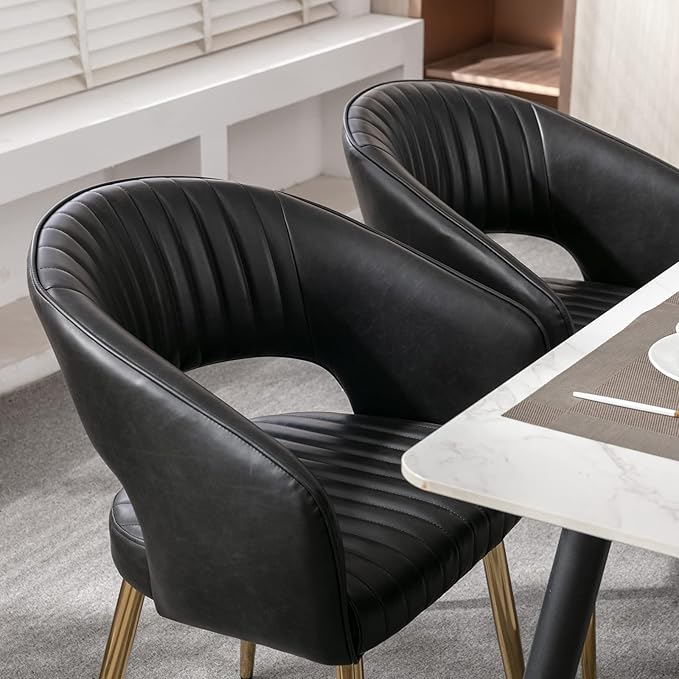Modern Dining Chairs Set of 6, Upholstered PU Leather Gold Dining Room Chairs with Hollow Back, Accent Armrest Kitchen Chairs with Gold Legs for Living Room Black