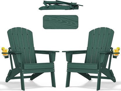 nevilywood Folding Adirondack Chair - Extended Ergonomic Backrest, Cup Holder - Easy Assembly - Durable HDPE Plastic, Weather Resistant & Maintenance-Free - Lawn, Patio, Deck Supports 380lbs Green