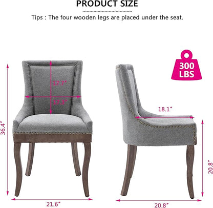 Farmhouse Dining Chairs Set of 4, Upholstered Fabric Dining Room Accent Chairs with Wood Legs & Bronze Nailhead, High Wingback Kitchen Chairs for Living Room Hotel Apartment, Gray