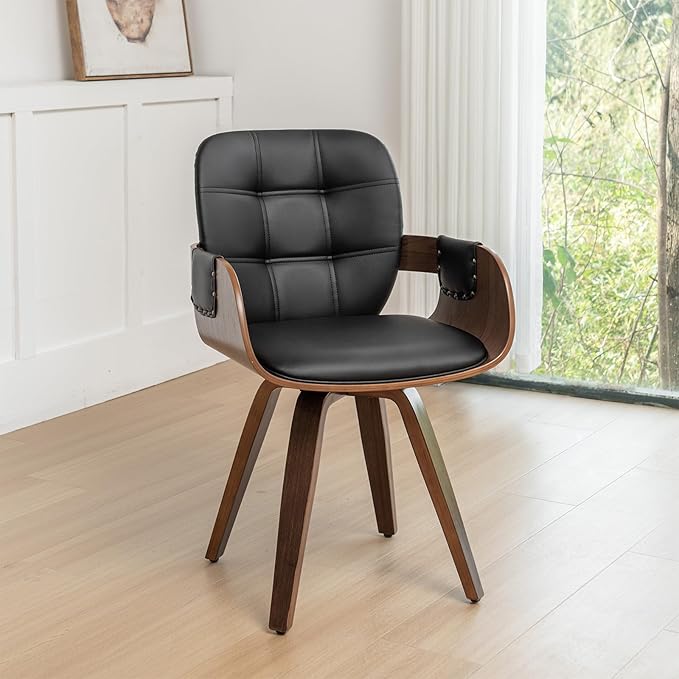 Set of 1 Mid Century Modern Chair - Swivel Dining Chair with Arms and Curved Back, Faux Leather Reception Room Chairs, Ideal for Kitchen/Living Room/Reception/Desk (Walnut Black, Set of 1)