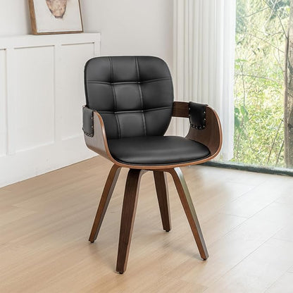 Set of 1 Mid Century Modern Chair - Swivel Dining Chair with Arms and Curved Back, Faux Leather Reception Room Chairs, Ideal for Kitchen/Living Room/Reception/Desk (Walnut Black, Set of 1)