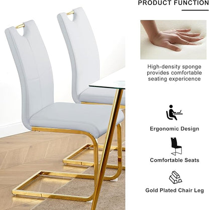 Goujxcy Gold Dining Table Set for 4, Glass Kitchen Table with Chair Set, Modern 51" Rectangle Glass Dining Table and 4 Grey PU Leather Chairs with Metal Frame for Kitchen Dining Room