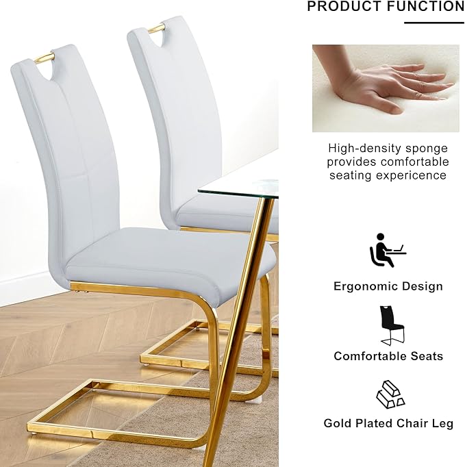 Goujxcy Round Dining Table Set for 6, Modern Glass Kitchen Table and Chairs Set of 6, 7 Piece Dining Room Table Set with 47" Circle Gold Metal Glass Dinner Table and 6 Grey Leather Dining Chairs