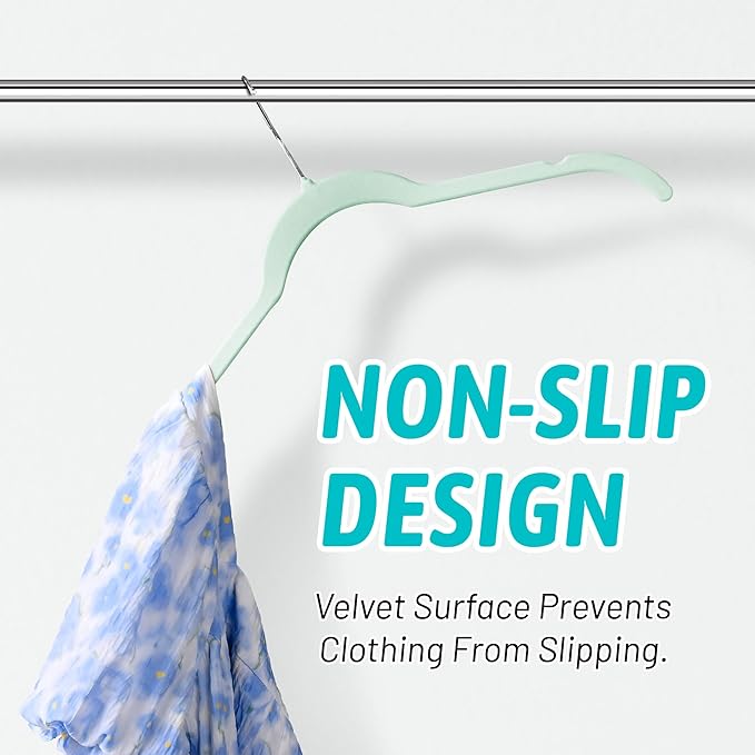 Velvet Hangers 50 Pack – Slim Non-Slip Flocked Hangers with Notches, Space-Saving Closet Organizer for Dresses, Blouses, Coats(Green)