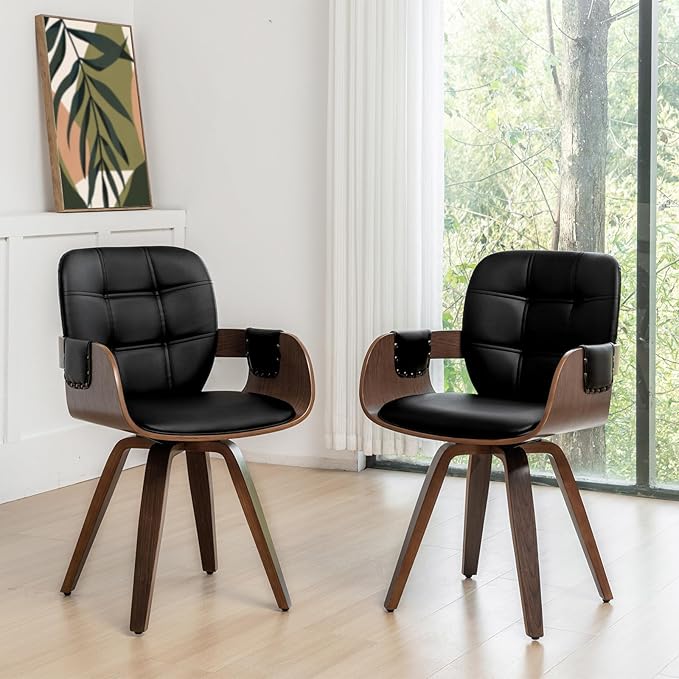 Set of 4 Mid Century Modern Chairs - Swivel Dining Chairs with Arms and Curved Back, Faux Leather Reception Room Chairs, Ideal for Kitchen/Living Room/Reception/Desk (Walnut Black)