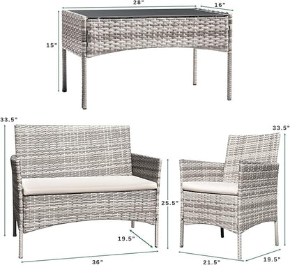 Greesum Patio Furniture 4 Pieces Conversation Sets Outdoor Wickerr Rattan Chairs Garden Backyard Balcony Porch Poolside loveseat with Soft Cushion and Glass Table, Gray and Beige