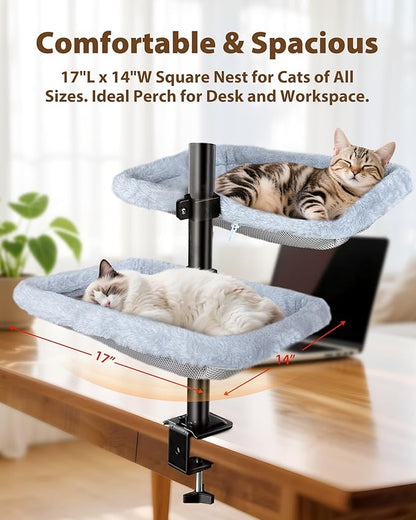L&W BROS. Double Layer Cat Desk Bed – Adjustable Desk Nest with Swivel Mounts, Metal Frame, 45LB/Layer, Washable Covers, for Multi-Cat Homes